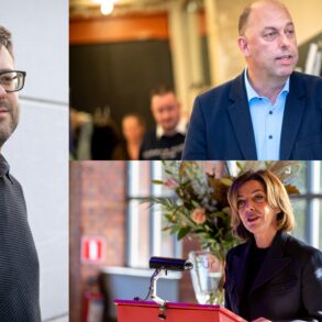 Joachim De Maeseneer (PVDA Ninove), schepen werner Somers en gouverneur van Oost-Vlaanderen Carina Van Cauter